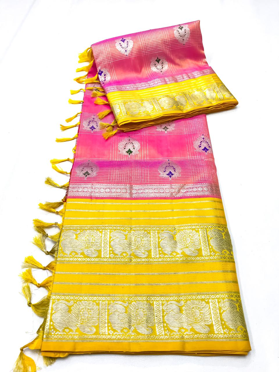 Venkatagiri handloom silk Saree in double tone pink with yellow color