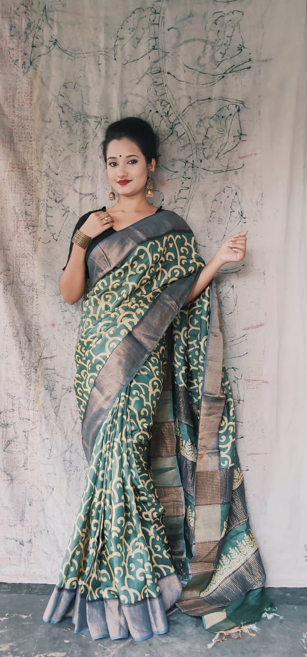 Pure zari tussar Saree hand printed saree in olive green