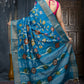 Hand painted Pen Kalamkari pure tussar Sari on blue forest flowers theme Saree mundi