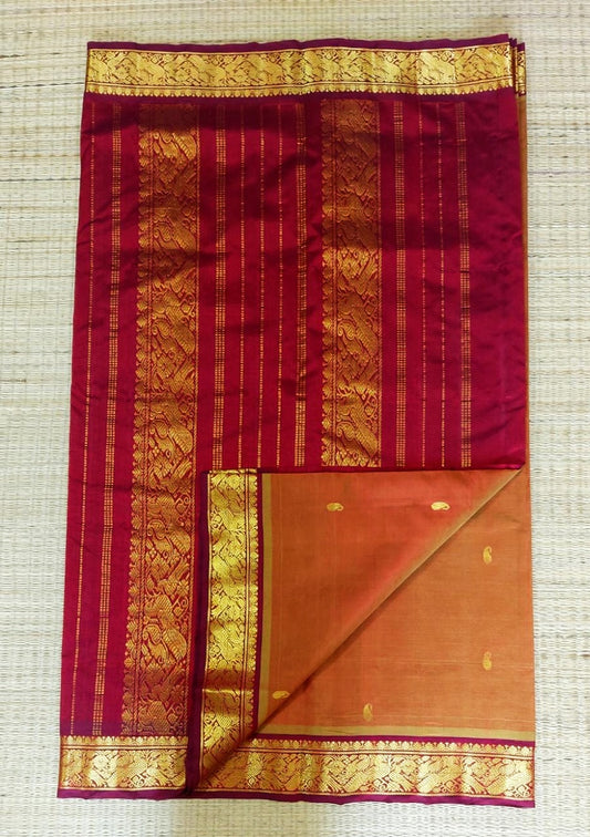 Silk cotton handloom Saree in deep orange with red border and golden butti