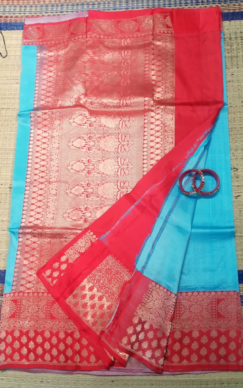 Pure Katan Banarasi Purple sku blue with chilli red border Saree