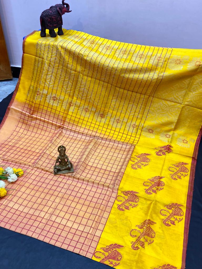 Uppada woven silk Saree in Yellow with peach color Veena butties