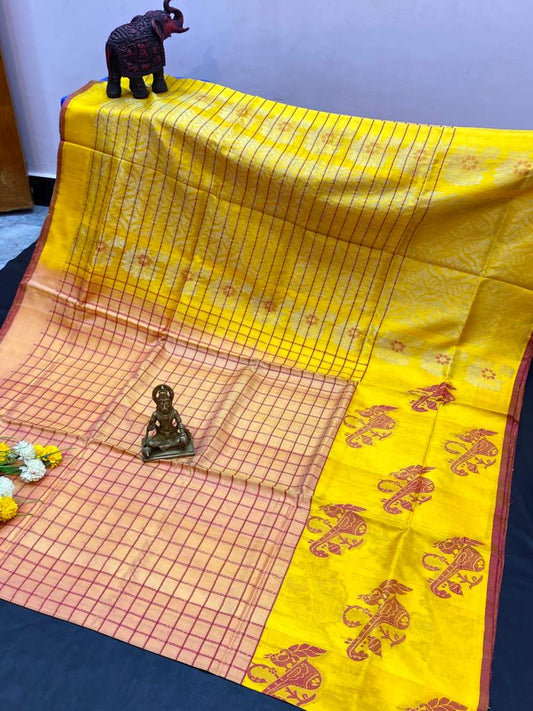 Uppada woven silk Saree in Yellow with peach color Veena butties