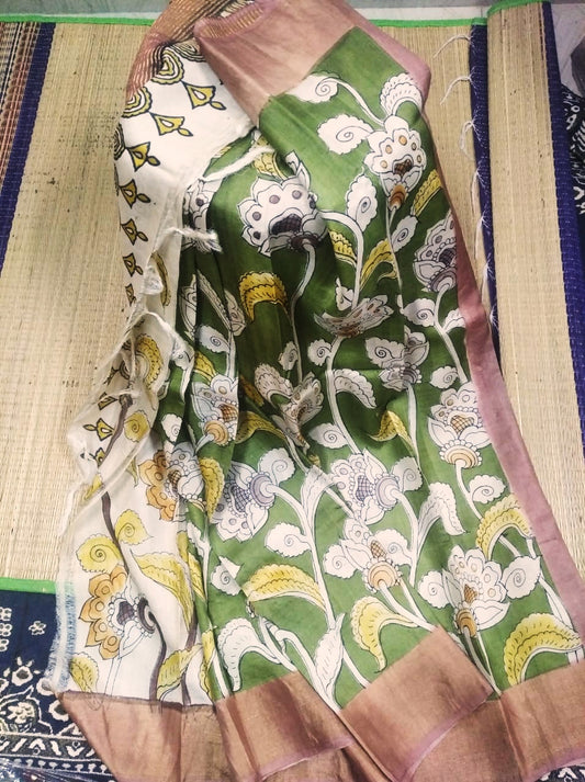 Hand painted Pen Kalamkari pure tussar Saree in light leaf green with biscuit cream