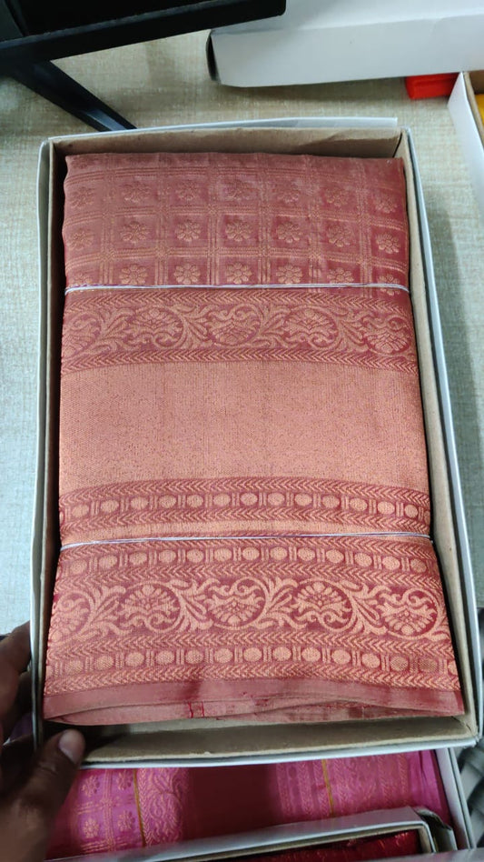 Pure Kanjivaram bridal silk saree in peach pink color fully Jari weaving