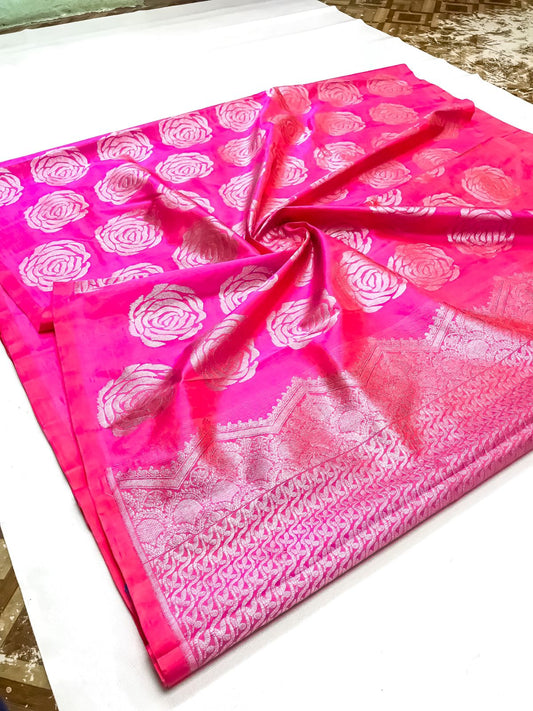 Venkatagiri handloom silk Saree in Rani pink with rose motives color