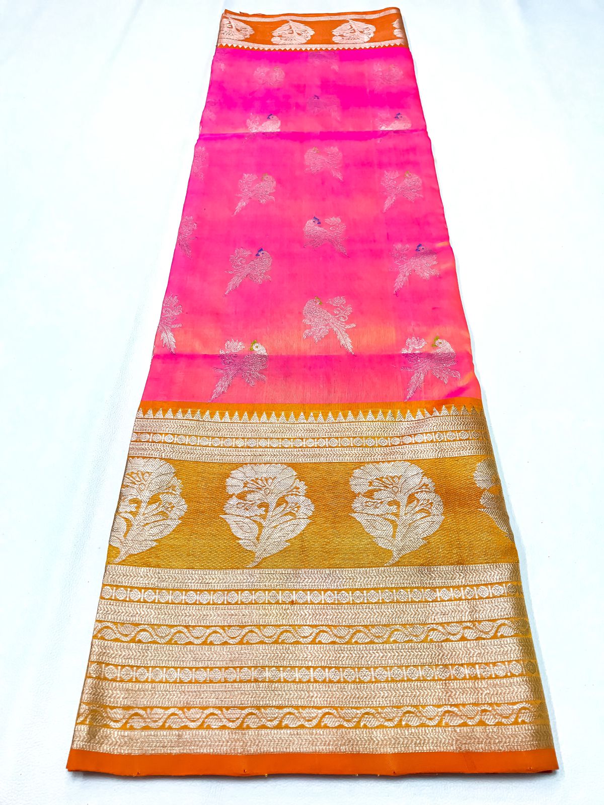 Venkatagiri handloom silk Saree in orange with yellow mix shades with peacock motives color