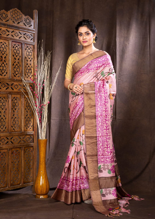 Hand painted Pen Kalamkari pure tussar Saree in pink