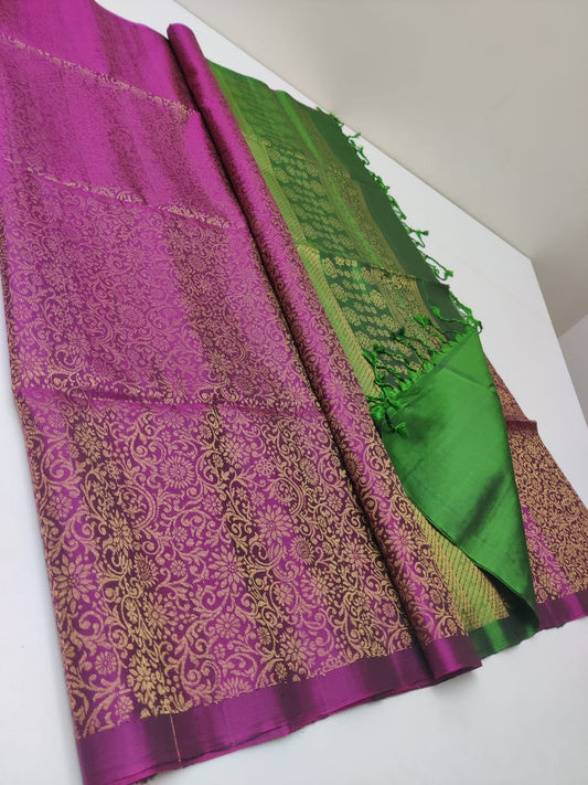 Pure Kanjivaram silk saree in handoven fully Jari weaving in purple color with leaf green pallu