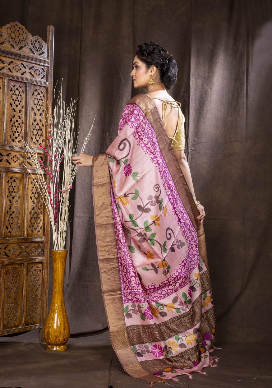 Hand painted Pen Kalamkari pure tussar Saree in pink achal