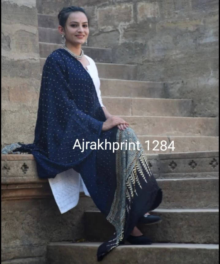 Ajrakh modal silk dupatta with bandhini in navy