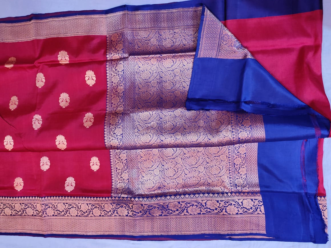 Pure katan Banarasi in with Marion with navy Color Saree