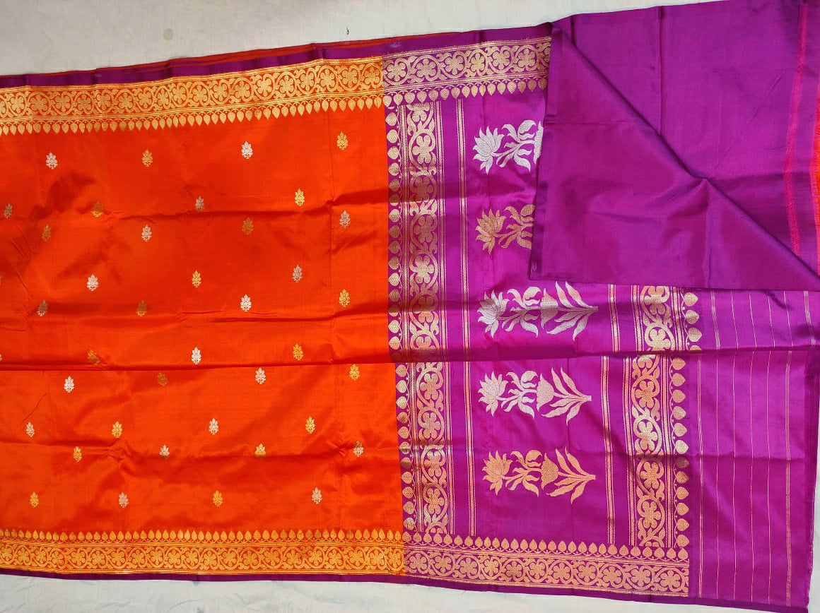  Pure Katan Banarasi in deep oranch body with pink Color Saree