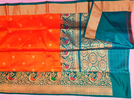 Pure Katan Banarasi sunset oranch with green Color Saree