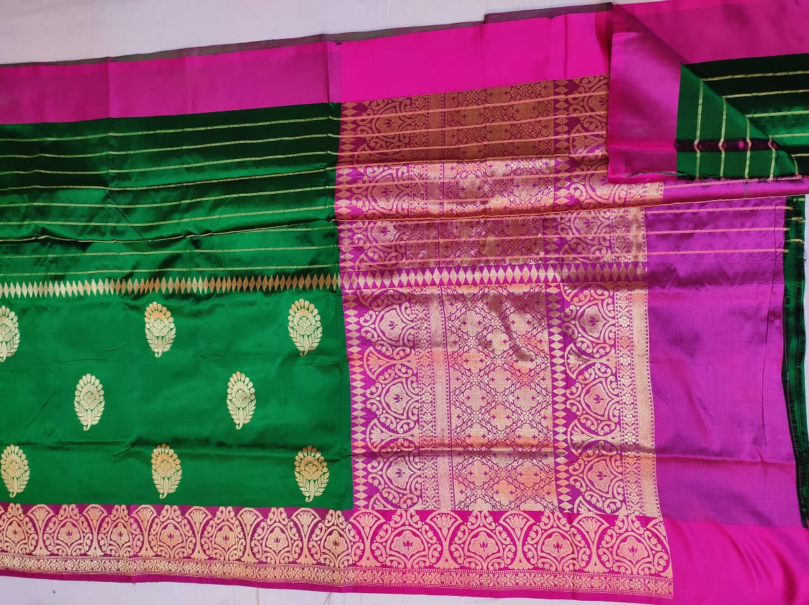 Pure Katan Banarasi in green with pink Color Saree