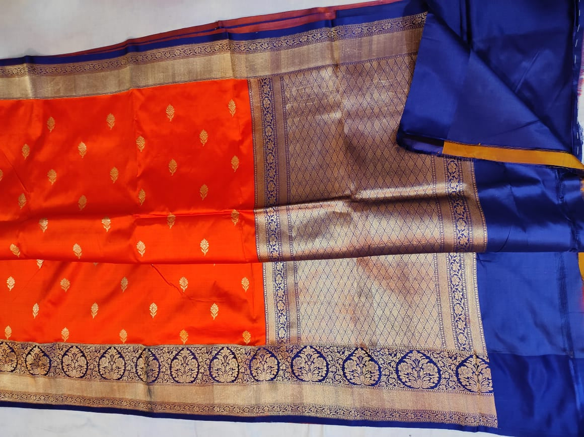 Pure Katan Banarasi in oranch with navy Color  Saree