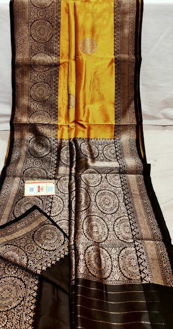 Golden yellow with black katan Banarasi kadva butta saree