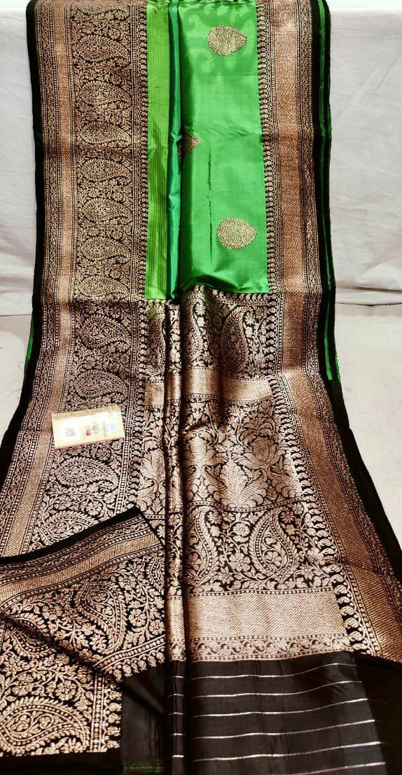 Leaf green with black katan Banarasi kadva butta saree