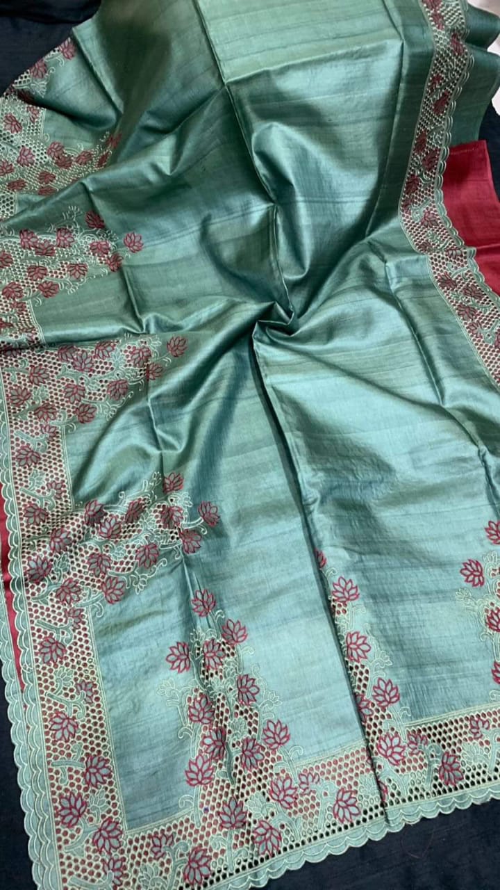 Desi tussar silk cut work(cutwork) embroidery in sea green color