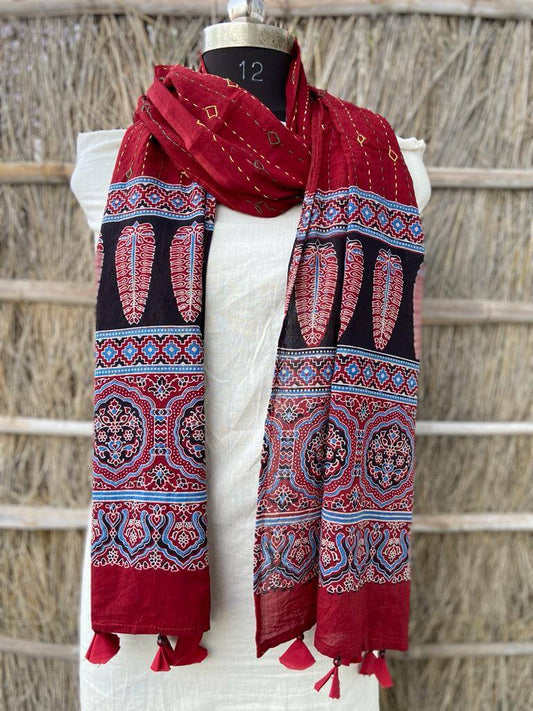 Ajrakh natural dyed pure cotton kantha stitch stole 2.1 metres maroon