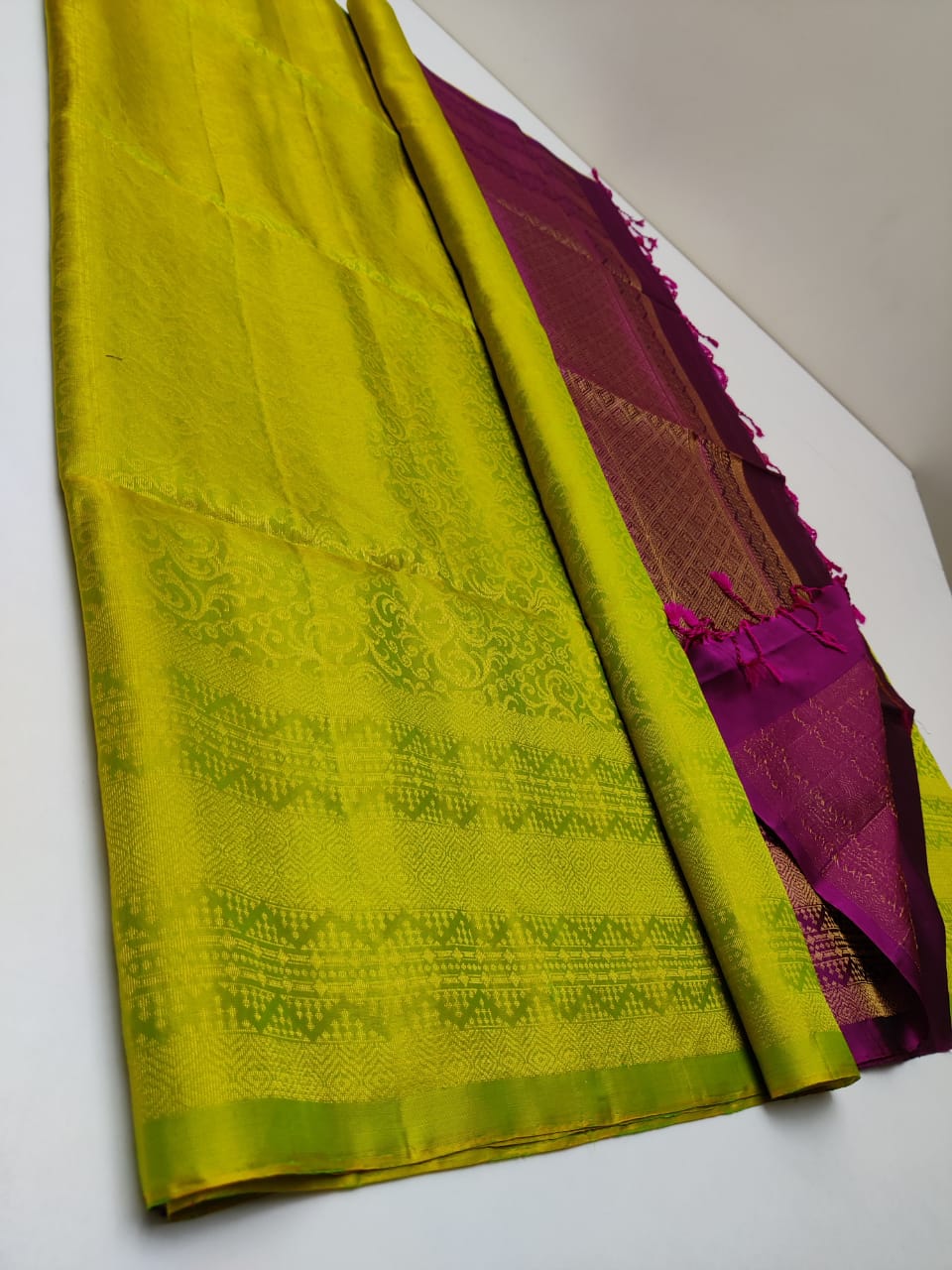 Pure Kanjivaram silk saree in handoven fully Jari weaving  in leaf green with purple pallu