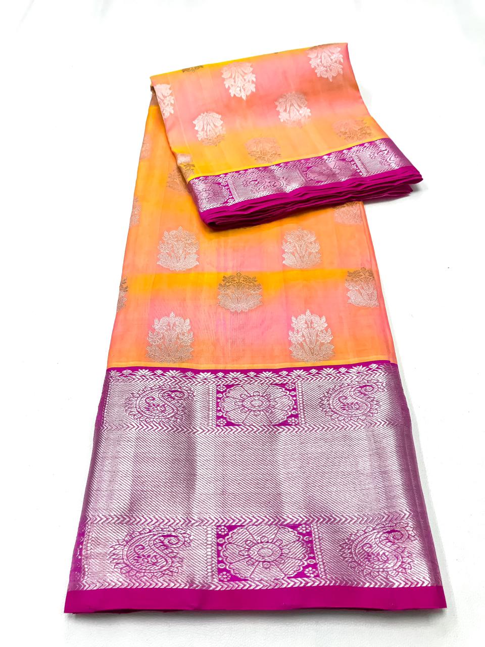 Venkatagiri handloom silk Saree in double tone peach with orange color