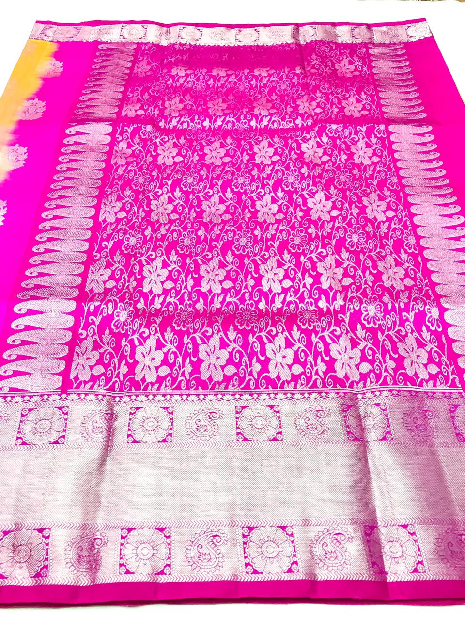 Venkatagiri handloom silk Saree in double tone peach with orange color