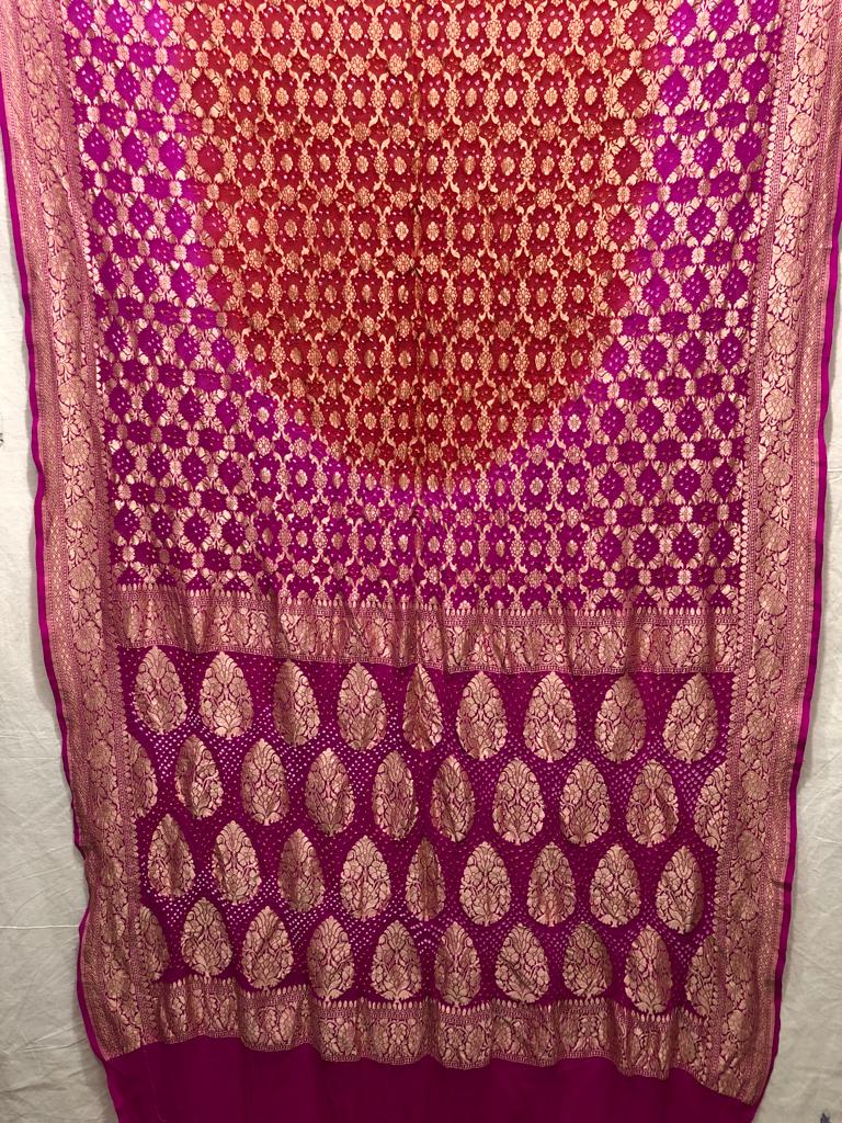 Handwoven khaddi Pure Banarasi Georget chiffon with bandani work jaldar weaving silk sarees red with pink all over weaving. Bridal collection saree