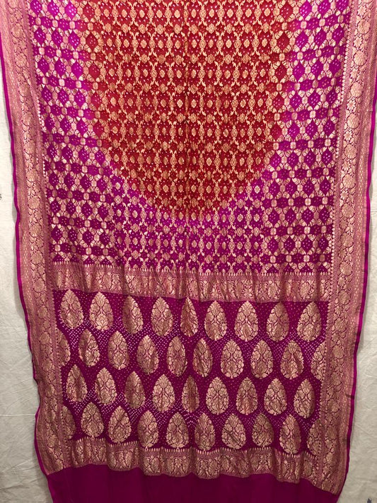 Handwoven khaddi Pure Banarasi Georget chiffon with bandani work jaldar weaving silk sarees red with pink all over weaving. Bridal collection saree