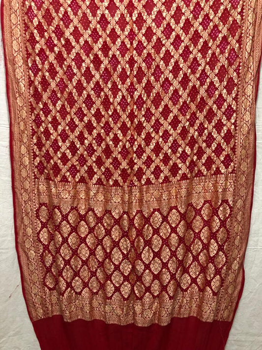 Handwoven khaddi Pure Banarasi Georget chiffon with bandani work jaldar weaving silk sarees red all over weaving. Bridal collection saree