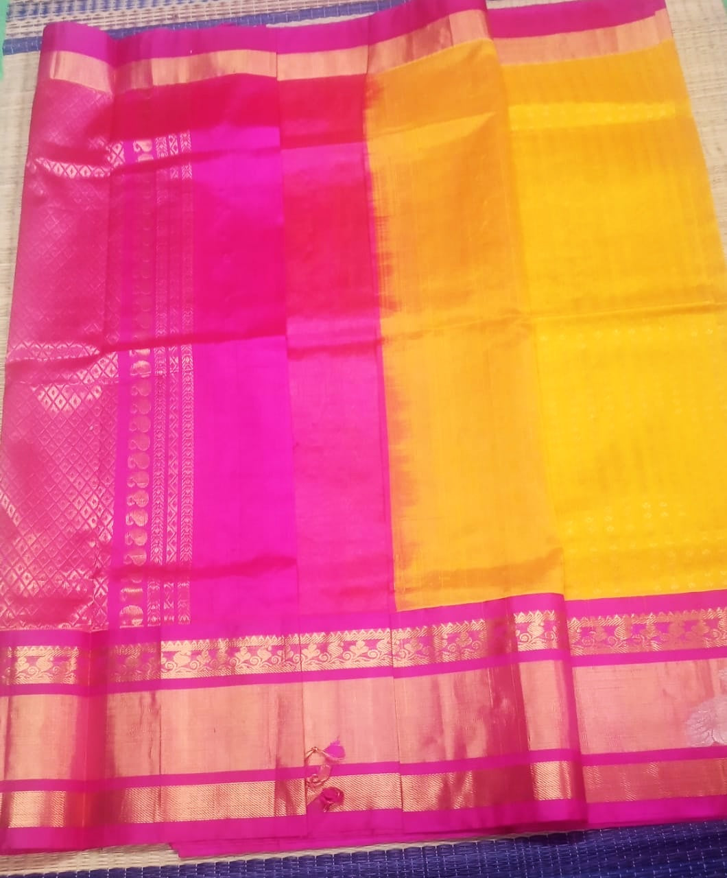 Korvai handloom silk cotton Saree korvai border in sunflower yellow with pink border