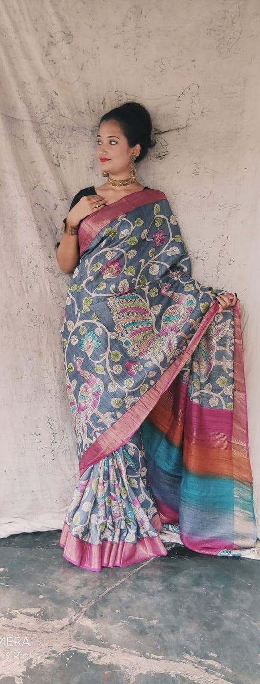 Tussar silk Hand painted Kalamkari using natural dyes gray with pink and peacock color with