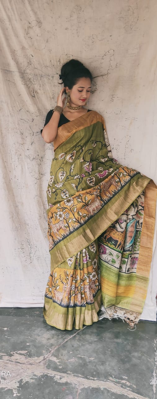 Tussar silk Hand painted Kalamkari using natural dyes olive green