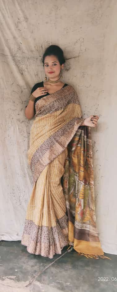 Tussar silk Hand painted Kalamkari using natural dyes with pastal golden color with