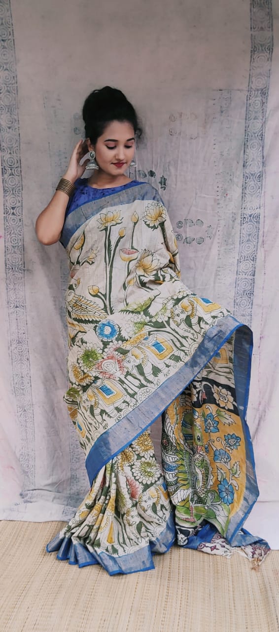 Tussar silk Hand painted Kalamkari using natural pastal colors with elephant theme story