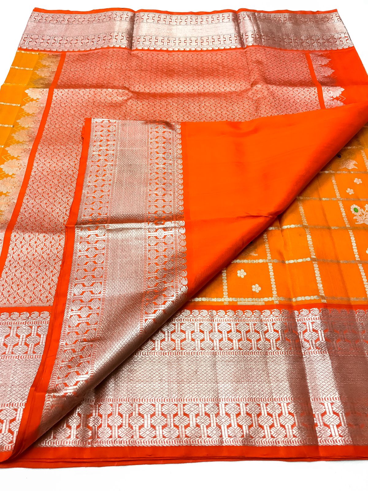 Venkatagiri handloom silk Saree in double tone mango yellow with sunset orange