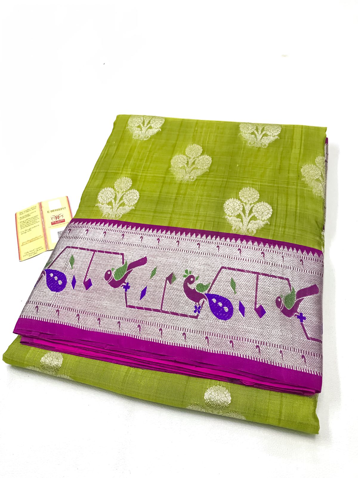 Venkatagiri handloom silk Saree in double tone Olive green with shocking pink with paithoni border