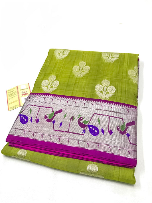 Venkatagiri handloom silk Saree in double tone Olive green with shocking pink with paithoni border