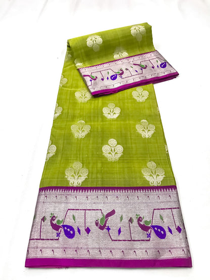 Venkatagiri handloom silk Saree in double tone Olive green with shocking pink with paithoni border 