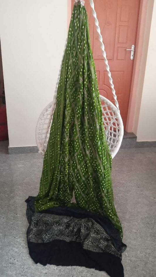 Ajrakh saree in natural dyed pure modal silk bandhini and golden check in green