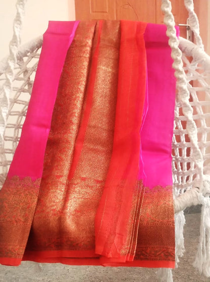 Kora Banarasi saree in antique Zari handoven in orange with pink