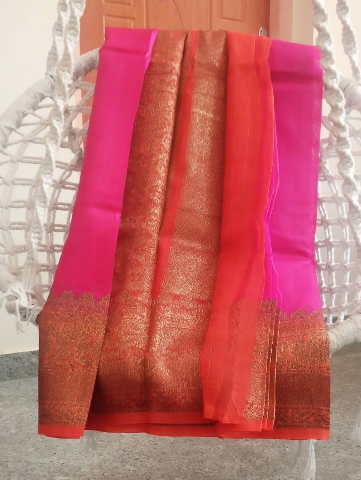 Kora Banarasi saree in antique Zari handoven in orange with pink