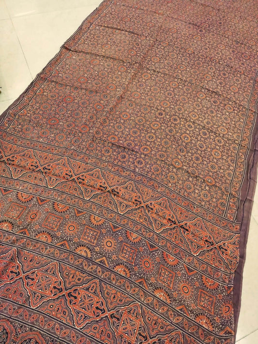 Ajrakh saree in natural dyed pure modal silk blocks in brown 