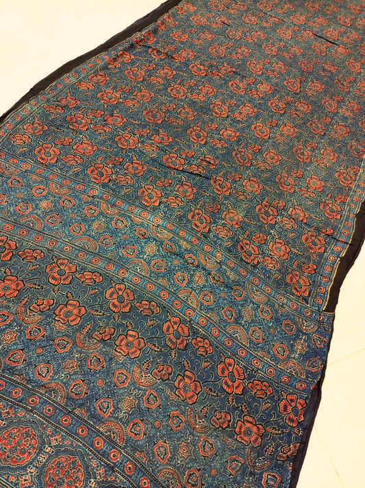 Ajrakh saree in natural dyed pure modal silk blocks in navy