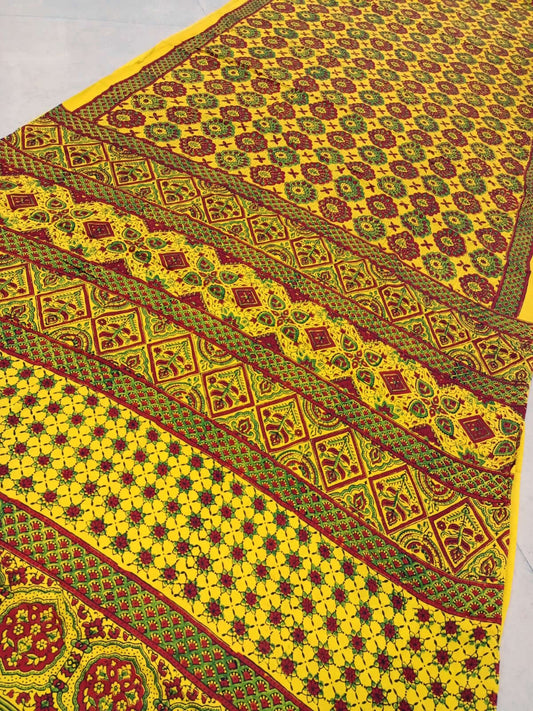 Ajrakh saree in natural dyed pure modal silk blocks in yellow 