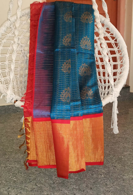 Korvai handloom silk cotton Saree korvai border in blue with pink border