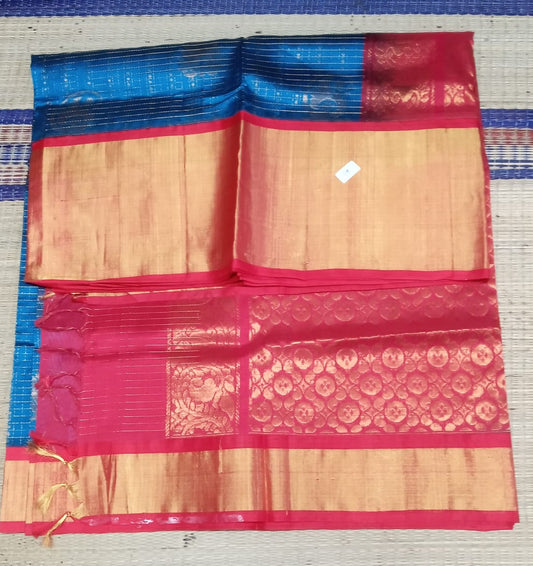 Korvai handloom silk cotton Saree korvai border in blue with pink border