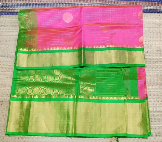 Korvai handloom silk cotton Saree korvai border in pink with green border