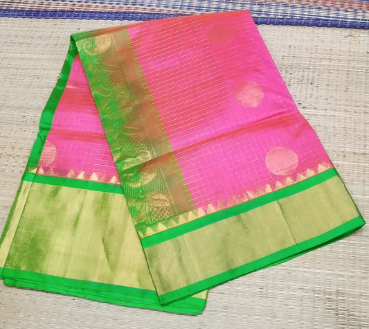 Korvai handloom silk cotton Saree korvai border in pink with green border