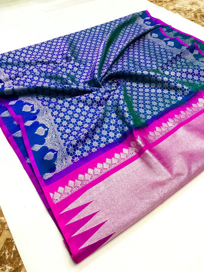 Venkatagiri handloom silk Saree in double tone royal blue with pink all over kalanji color